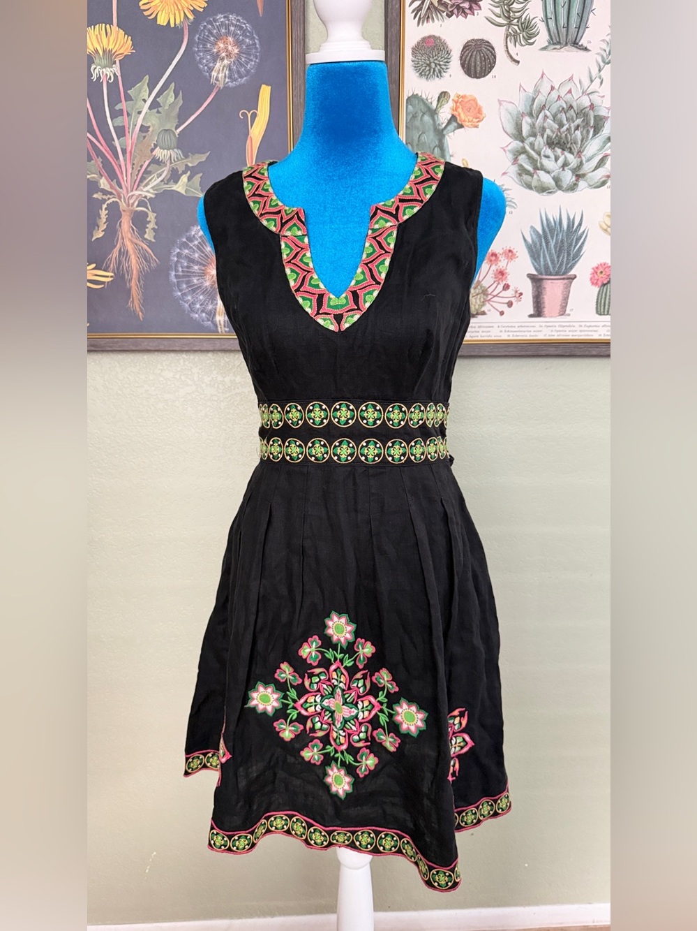 Warehouse Black Mini Dress with Green & Pink Embroidery